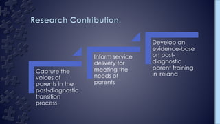 Capture the
voices of
parents in the
post-diagnostic
transition
process
Inform service
delivery for
meeting the
needs of
parents
Develop an
evidence-base
on post-
diagnostic
parent training
in Ireland
 