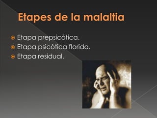  Etapa prepsicòtica.
 Etapa psicòtica florida.
 Etapa residual.
 