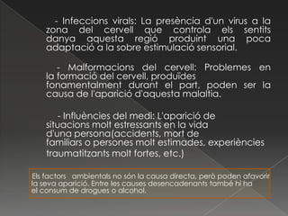 - Infeccions virals: La presència d'un virus a la
    zona del cervell que controla els sentits
    danya aquesta regió produint una poca
    adaptació a la sobre estimulació sensorial.

       - Malformacions del cervell: Problemes en
    la formació del cervell, produïdes
    fonamentalment durant el part, poden ser la
    causa de l'aparició d'aquesta malaltia.

        - Influències del medi: L'aparició de
    situacions molt estressants en la vida
    d'una persona(accidents, mort de
    familiars o persones molt estimades, experiències
    traumatitzants molt fortes, etc.)

Els factors ambientals no són la causa directa, però poden afavorir
la seva aparició. Entre les causes desencadenants també hi ha
el consum de drogues o alcohol.
 