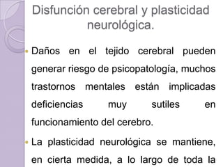 Disfunción cerebral y plasticidad
              neurológica.

   Daños en el tejido cerebral pueden
    generar riesgo de psicopatología, muchos
    trastornos mentales están implicadas
    deficiencias    muy       sutiles    en
    funcionamiento del cerebro.
   La plasticidad neurológica se mantiene,
    en cierta medida, a lo largo de toda la
 