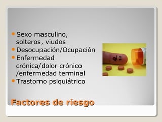 Factores de riesgoFactores de riesgo
Sexo masculino,
solteros, viudos
Desocupación/Ocupación
Enfermedad
crónica/dolor crónico
/enfermedad terminal
Trastorno psiquiátrico
 