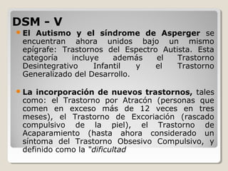DSM - VDSM - V
El Autismo y el síndrome de Asperger se
encuentran ahora unidos bajo un mismo
epígrafe: Trastornos del Espectro Autista. Esta
categoría incluye además el Trastorno
Desintegrativo Infantil y el Trastorno
Generalizado del Desarrollo.
La incorporación de nuevos trastornos, tales
como: el Trastorno por Atracón (personas que
comen en exceso más de 12 veces en tres
meses), el Trastorno de Excoriación (rascado
compulsivo de la piel), el Trastorno de
Acaparamiento (hasta ahora considerado un
síntoma del Trastorno Obsesivo Compulsivo, y
definido como la “dificultad
 