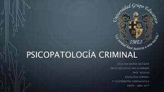 PSICOPATOLOGÍA CRIMINAL
JOCELYNE MEDINA BALTAZAR
GRUPO EDUCATIVO IMEI ACÁMBARO
PROF. ROGELIO
PSICOLOGÍA CRIMINAL
2° CUATRIMESTRE CRIMINALÍSTICA
ENERO – ABRIL 2017
 