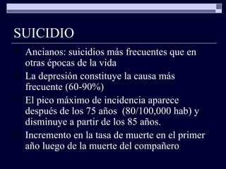 SUICIDIO Ancianos: suicidios más frecuentes que en otras épocas de la vida La depresión constituye la causa más frecuente (60-90%) El pico máximo de incidencia aparece después de los 75 años  (80/100,000 hab) y disminuye a partir de los 85 años. Incremento en la tasa de muerte en el primer año luego de la muerte del compañero 