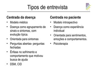 Tipos de entrevista
Centrada da doença               Centrada no paciente
• Modelo médico                  • Modelo introspectivo
• Doença como agrupamento de     • Doença como experiência
  sinais e sintomas, com           individual
  evolução típica.               • Orientada para sentimentos,
• Orientada para sintomas          emoções e comportamentos.
• Perguntas abertas- perguntas   • Psicoterapia
  fechadas
• Ênfase no sofrimento e
  comportamento que motivou
  busca de ajuda
• DSM, CID
 