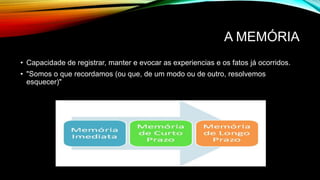 A MEMÓRIA
• Capacidade de registrar, manter e evocar as experiencias e os fatos já ocorridos.
• "Somos o que recordamos (ou que, de um modo ou de outro, resolvemos
esquecer)"
 