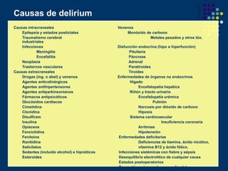 Causas de delirium
Causas intracraneales Venenos
Epilepsia y estados postictales Monóxido de carbono
Traumatismo cerebral ...
