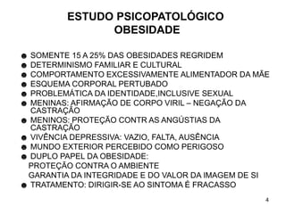 4
ESTUDO PSICOPATOLÓGICO
OBESIDADE
☻ SOMENTE 15 A 25% DAS OBESIDADES REGRIDEM
☻ DETERMINISMO FAMILIAR E CULTURAL
☻ COMPORTAMENTO EXCESSIVAMENTE ALIMENTADOR DA MÃE
☻ ESQUEMA CORPORAL PERTUBADO
☻ PROBLEMÁTICA DA IDENTIDADE,INCLUSIVE SEXUAL
☻ MENINAS: AFIRMAÇÃO DE CORPO VIRIL – NEGAÇÃO DA
CASTRAÇÃO
☻ MENINOS: PROTEÇÃO CONTR AS ANGÚSTIAS DA
CASTRAÇÃO
☻ VIVÊNCIA DEPRESSIVA: VAZIO, FALTA, AUSÊNCIA
☻ MUNDO EXTERIOR PERCEBIDO COMO PERIGOSO
☻ DUPLO PAPEL DA OBESIDADE:
PROTEÇÃO CONTRA O AMBIENTE
GARANTIA DA INTEGRIDADE E DO VALOR DA IMAGEM DE SI
☻ TRATAMENTO: DIRIGIR-SE AO SINTOMA É FRACASSO
 