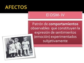 El DSM- IV

 Patrón de comportamientos
observables que constituyen la
  expresión de sentimientos
  (emoción) experimentados
       subjetivamente
 