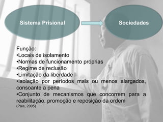 Sistema Prisional                  Sociedades



Função:
•Locais de isolamento
•Normas de funcionamento próprias
•Regime de reclusão
•Limitação da liberdade
•Isolação por períodos mais ou menos alargados,
consoante a pena
•Conjunto de mecanismos que concorrem para a
reabilitação, promoção e reposição da ordem
(Pais, 2005)
 