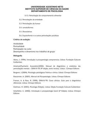 UNIVERSIDADE AGOSTINHO NETO
INSTITUTO SUPERIOR DE CIÊNCIAS DA SAÚDE
DEPARTAMENTO DE PSICOLOGIA
3.1.3. Perturbação do comportamento alimentar
3.2. Perturbações da ansiedade
3.3. Perturbações do humor
3.4. somatoformes
3.5. Dissociativas
3.6. Esquizofrenia e as outras perturbações psicóticas
Critérios de avaliação:
Assiduidade
Pontualidade
Participação nas aulas
Desempenho e dinamismo nos trabalhos de grupo
Bibliografia
Abreu, J. (1994). Introdução à psicopatologia compreensiva. Lisboa: Fundação Calouste
Gulbenkian
AmericanPsychiatric Association(2002). Manual de diagnóstico e estatistica das
perturbações mentais – DSM-IV-TR (4ª edição, texto revisto). Lisboa : Climepsi Editores
Bergeret, J.(2004). Psicologia patológiaca.Teórica e clínica. Lisboa: Climepsi Editores
Braconnier, A. (2007). Manual de Psicopatologia. Lisboa: Climepsi Editores
Frances, A. & Ross, R. (1999). DSM-IV-TR: Casos clínicos. Guia para o diagnóstico
diferencial. Lisboa: Climepsi Editores
Gleitman, H. (2003). Psicologia (Edição). Lisboa: Edição Fundação Calouste Gulbeinkian
Scharfetter, C. (2002). Introdução à psicopatologia Geral (2ª Edição). Lisboa: Climepsi
Editores
 
