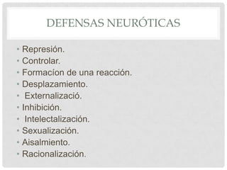 DEFENSAS NEURÓTICAS

• Represión.
• Controlar.
• Formacíon de una reacción.
• Desplazamiento.
• Externalizació.
• Inhibición.
• Intelectalización.
• Sexualización.
• Aisalmiento.
• Racionalización.
 