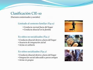 Trastornos disocialesCIE-10 (F91)Conducta transgresora y destructivaViola derechos y normas socialesNo adecuado a la edadMás grave que la rebeldíaPrevalencia en varonesAsociado al ambiente psicosocialSíntomas varían con la edad