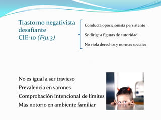 Criterios DiagnósticosA:violación de derechos y normas sociales, mínimo 12 meses Grupo 1:Comportamiento agresivo con daño o amenaza física