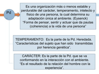 Es una organización más o menos estable y
perdurable del carácter, temperamento, intelecto y
físico de una persona, la cual determina su
adaptación única al ambiente. (Eysenck)
“Forma de pensar, sentir y actuar que da pautas
(coherencia) a la vida de una persona”
Pd
.
TEMPERAMENTO: Es la parte de la Pd. Heredada.
“Características del sujeto que han sido transmitidas
por herencia genética”.
CARÁCTER: Es la parte de la Pd. que se va
conformando en la interacción con el ambiente.
“Es el resultado de la relación del hombre con la
experiencia”.
 