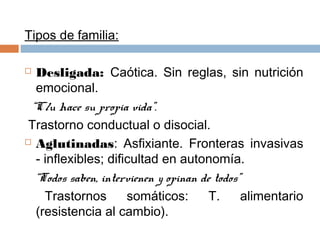 Tipos de familia:
 Desligada: Caótica. Sin reglas, sin nutrición
emocional.
“C/u hace su propia vida”.
Trastorno conductual o disocial.
 Aglutinadas: Asfixiante. Fronteras invasivas
- inflexibles; dificultad en autonomía.
“Todos saben, intervienen y opinan de todos”
Trastornos somáticos: T. alimentario
(resistencia al cambio).
 