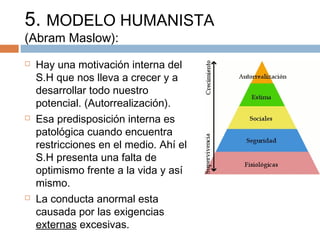 5. MODELO HUMANISTA
(Abram Maslow):
 Hay una motivación interna del
S.H que nos lleva a crecer y a
desarrollar todo nuestro
potencial. (Autorrealización).
 Esa predisposición interna es
patológica cuando encuentra
restricciones en el medio. Ahí el
S.H presenta una falta de
optimismo frente a la vida y así
mismo.
 La conducta anormal esta
causada por las exigencias
externas excesivas.
 