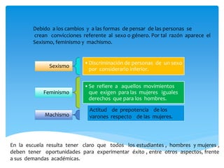 Debido a los cambios y a las formas de pensar de las personas se
crean convicciones referente al sexo o género. Por tal razón aparece el
Sexismo, feminismo y machismo.
Sexismo
•Discriminación de personas de un sexo
por considerarlo inferior.
Feminismo
•Se refiere a aquellos movimientos
que exigen para las mujeres iguales
derechos que para los hombres.
Machismo
Actitud de prepotencia de los
varones respecto de las mujeres.
En la escuela resulta tener claro que todos los estudiantes , hombres y mujeres ,
deben tener oportunidades para experimentar éxito , entre otros aspectos, frente
a sus demandas académicas.
 