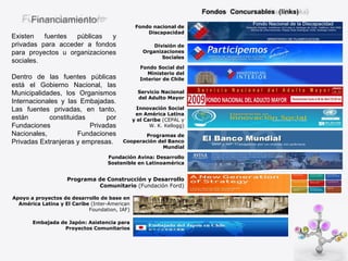 Fondo nacional de Discapacidad División de Organizaciones Sociales Existen fuentes públicas y privadas para acceder a fondos para proyectos u organizaciones sociales. Dentro de las fuentes públicas está el Gobierno Nacional, las Municipalidades, los Organismos Internacionales y las Embajadas. Las fuentes privadas, en tanto, están constituidas por Fundaciones Privadas Nacionales, Fundaciones Privadas Extranjeras y empresas. Fondo Social del Ministerio del Interior de Chile Servicio Nacional del Adulto Mayor Innovación Social en América Latina y el Caribe  (CEPAL y W. K. Kellogg) Programas de Cooperación del Banco Mundial Fundación Avina: Desarrollo Sostenible en Latinoamérica Programa de Construcción y Desarrollo Comunitario  (Fundación Ford) Apoyo a proyectos de desarrollo de base en América Latina y El Caribe  (Inter-American Foundation, IAF) Embajada de Japón: Asistencia para Proyectos Comunitarios Financiamiento Fondos  Concursables  (links)  