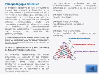 El propósito aplicativo de esta propuesta es orientar los procesos y desarrollos a un enfoque sistémico y multidimensional de la intervención psicopedagógica, centrada en la optimización y reconfiguración de las interacciones y funciones de los múltiples sistemas involucrados, desde una perspectiva generativista del hacer humano y las dinámicas de transformaciones operativas, relacionales y organizacionales que integran los dominios del conocer/aprender. El engranaje generativista del aprender humano (hacer) y los dominios re-configiratorios  en las cuales convergen, son los objetos de optimización desde los ámbitos cognitivistas y dominios del pensamiento involucrados en los procesos y sus transformaciones. La matriz generativista y sus contextos de transformación sistémica. los dominios operacionales en niveles sistémicos, se extiende en los procesos dinámicos y continuos de interrelación e interacción entre ellos (sistemas), constituyen la congruencia generativa de transformaciones entre sistemas y componentes en la optimización de sus funciones y operaciones.  Psicopedagogía sistémica Las precisiones implicadas en las transformaciones entre entidades sistémicas se transcriben en el siguiente esquema. Entidades Micro-Sistémica.  (familia - familias). Entidades Meso-Sistémica.  (salud físico/mental - educación - laborales). Entidades Macro-Sistémicas. (niveles sociales de coexistencia de entidades). Entidades Micro-Sistémica Entidades Meso-Sistémica   Entidades Macro-Sistémicas 