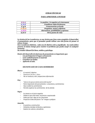 OTRAS TÉCNICAS

                                     PARA APRENDER A PENSAR


     P.N.I                          Lo positivo , lo negativo y lo interesante
     C.T.F                               Considerar todos los factores
     CyS                                    Consecuencias y secuela
     P.M.O                               Propósitos, metas y objetivos
     A.P.O                           Alternativas, posibilidades y opciones
     O.P.V                                    Otros puntos de vista



La técnica de los 6 sombreros, es una técnica que tiene como propósito el desarrollar
el pensamiento, para que el pensador pueda utilizar una sola forma de pensar al
mismo tiempo.
Son 6 sombreros distintos, cada uno de distinto color y significado, los cuales deben
ponerse al mismo tiempo para resolver el problema que pueda surgir en cualquier
momento.
Su creador Edward De Bono, médico y psicólogo.

Dentro del desarrollo de destrezas de pensamiento es importante que:
   - Los participantes lo hagan activamente
   - Lean cuidadosamente el material
   - Consulten sus dudas
   - Aplicarlo al aula.


        SIGNIFICADO DE CADA SOMBRERO

Blanco
   -        Es neutral / objetivo
   -        Suministra hechos y datos
   ‐        No se involucra, solo  proporciona información

Rojo
   -     “esto es lo que yo siento acerca del asunto”
   -     Parte importante del pensamiento = emociones y sentimientos
   -     Hace visible los sentimientos
   -     Permite explorar los sentimientos  de los demás

Negro
   -     Su interés es el juicio negativo
   -     Señala lo que está malo, incorrecto o equivocado
   -     Indica por qué  algo no va a funcionar
   -     Proyecta la idea del futuro “ve” riesgos o peligros

Amarillo
  -     Es positivo y constructivo
  -     Simboliza claridad, brillantez y optimismo
  -     Explora los valores y beneficios
 