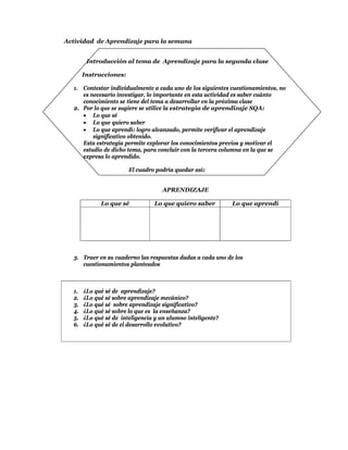 Actividad de Aprendizaje para la semana


        Introducción al tema de Aprendizaje para la segunda clase

       Instrucciones:

  1. Contestar individualmente a cada uno de los siguientes cuestionamientos, no
     es necesario investigar, lo importante en esta actividad es saber cuánto
     conocimiento se tiene del tema a desarrollar en la próxima clase
  2. Por lo que se sugiere se utilice la estrategia de aprendizaje SQA:
      Lo que sé
      Lo que quiero saber
      Lo que aprendí: logro alcanzado, permite verificar el aprendizaje
         significativo obtenido.
     Esta estrategia permite explorar los conocimientos previos y motivar el
     estudio de dicho tema, para concluir con la tercera columna en la que se
     expresa lo aprendido.

                        El cuadro podría quedar así:


                                    APRENDIZAJE

             Lo que sé           Lo que quiero saber         Lo que aprendí




  3. Traer en su cuaderno las respuestas dadas a cada uno de los
     cuestionamientos planteados



  1.   ¿Lo qué sé de aprendizaje?
  2.   ¿Lo qué sé sobre aprendizaje mecánico?
  3.   ¿Lo qué sé sobre aprendizaje significativo?
  4.   ¿Lo qué sé sobre lo que es la enseñanza?
  5.   ¿Lo qué sé de inteligencia y un alumno inteligente?
  6.   ¿Lo qué sé de el desarrollo evolutivo?
 