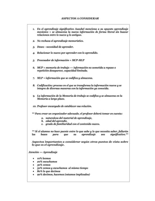 ASPECTOS A CONSIDERAR



   1. En el aprendizaje significativo Ausubel menciona a su opuesto aprendizaje
      mecánico = se almacena la nueva información de forma literal sin buscar
      relaciones entre lo nuevo y lo antiguo.

   2. No rechaza el aprendizaje memorístico.

   3. Deseo - necesidad de aprender.

   4. Relacionar lo nuevo por aprender con lo aprendido.

   5. Procesador de información = MCP-MLP

   6. MCP = memoria de trabajo --- información no sometida a repaso o
      repetición desaparece, capacidad limitada.

   7. MLP = información que se codifica y almacena.

   8. Codificación: proceso en el que se transforma la información nueva y se
      integra de diversas maneras con la información ya conocida.

   9. La información de la Memoria de trabajo se codifica y se almacena en la
      Memoria a largo plazo.

   10. Profesor encargado de establecer esa relación.

  ** Para crear un organizador adecuado, el profesor deberá tomar en cuenta:
          a. naturaleza del material de aprendizaje,
          b. edad del aprendiz,
          c. grado de familiaridad con el contenido nuevo.

  ** Si el alumno no hace puente entre lo que sabe y lo que necesita saber, fallarán
  las      bases   para     que     su      aprendizaje      sea     significativo.**

  Aspectos importantes a considerar según otros puntos de vista sobre
  lo que es el aprendizaje.

Atención --- Aprendizaje

      10% leemos
      20% escuchamos
      30% vemos
      50% vemos y escuchamos al mismo tiempo
      80% lo que decimos
      90% decimos, hacemos (estamos implicados)
 