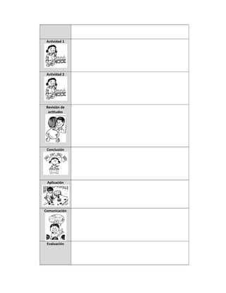  
                         
                         
 Actividad 1             
                         
                         
                         
                         
                         
                         
 Actividad 2             
                         
                         
                         
                         
                         
                         
 Revisión de             
  actitudes 




                 
       
 Conclusión         
                    
                    
                    
                    
                   
                    
 Aplicación         
                    
                    
                    
                    
                    
Comunicación   
                    
                    
                    
                    
                    
                    
 Evaluación         
                    
                    
                    
                    
 