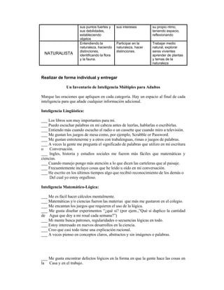 sus puntos fuertes y     sus intereses       su propio ritmo,
                       sus debilidades,                             teniendo espacio,
                       estableciendo                                reflexionando
                       objetos
                       Entendiendo la           Participar en la    Trabajar medio
                       naturaleza, haciendo     naturaleza, hacer   natural, explorar
                       distinciones,            distinciones.       seres vivientes
 NATURALISTA           identificando la flora                       aprender de plantas
                       y la fauna.                                  y temas de la
                                                                    naturaleza



Realizar de forma individual y entregar

               Un Inventario de Inteligencia Múltiples para Adultos

Marque las oraciones que apliquen en cada categoría. Hay un espacio al final de cada
inteligencia para que añade cualquier información adicional.

Inteligencia Lingüística:

___ Los libros son muy importantes para mi.
___ Puedo escuchar palabras en mi cabeza antes de leerlas, hablarlas o escribirlas.
___ Entiendo más cuando escucho el radio o un cassette que cuando miro a televisión.
___ Me gustan los juegos de mesa como, por ejemplo, Scrabble or Password.
___ Me gustan entretenerme y a otros con trabalenguas, rimas o juegos de palabras.
___ A veces la gente me pregunta el significado de palabras que utilizo en mi escritura
o Conversación.
___ Ingles, historia y estudios sociales me fueron más fáciles que matemáticas y
ciencias.
___ Cuando manejo pongo más atención a lo que dicen las carteleras que al paisaje.
___ Frecuentemente incluyo cosas que he leído u oído en mi conversación.
___ He escrito en los últimos tiempos algo que recibió reconocimiento de los demás o
     Del cual yo estoy orgulloso.

Inteligencia Matemático-Lógica:

___ Me es fácil hacer cálculos mentalmente.
___ Matemáticas y/o ciencias fueron las materias que más me gustaron en el colegio.
___ Me encantan los juegos que requieren el uso de la lógica.
___ Me gusta diseñar experimentos “¿qué si? (por ejem.,”Qué si duplico la cantidad
de Agua que doy a mi rosal cada semana?”)
___ Mi mente busca patrones, regularidades o secuencias lógicas en todo.
___ Estoy interesado en nuevos desarrollos en la ciencia.
___ Creo que casi todo tiene una explicación racional.
___ A veces pienso en conceptos claros, abstractos y sin imágenes o palabras.




___ Me gusta encontrar defectos lógicos en la forma en que la gente hace las cosas en
la Casa y en el trabajo.
 