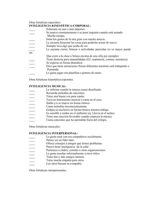 Otras fortalezas espaciales:
INTELIGENCIA KINESTÉTICA-CORPORAL:
____           Sobresale un uno o más deportes.
____           Se mueve constantemente o se pone inquieto cuando está sentado
                Mucho tiempo.
____           Imita los gestos de la otra gene con mucha astucia.
____           Le encanta desarmar las cosas para poderlas armar de nuevo.
____           Siempre toca algo que acaba de ver.
____           Le encanta correr, brincar o actividades parecidas (si es mayor puede
ser
               Que corre a la clase o brinca encima de una silla por ejemplo)
____           Tiene destreza para manualidades (EJ. carpintería, costura, mecánica)
____           Se expresa en forma dramática.
____           Dice que tiene sensaciones físicas diferentes mientras está trabajando o
                Pensando.
____           Le gusta jugar con plastilina o pintura de mano.

Otras fortalezas kinestética-coporales:

INTELIGENCIA MUSICAL:
____     Le informa cuando la música suena desafinada.
____     Recuerda melodías de canciones.
____     Tiene una buena voz para cantar.
____     Toca un instrumento musical o canta en el coro.
____     Habla y/o se mueve en forma rítmica.
____     Canta melodías inconscientemente.
____     Golpea su escritorio en forma rítmica mientra trabaja.
____     Es sensible a ruidos en el ambiente (ej. Lluvia en el techo).
____     Tiene una reacción favorable cuando empieza la música.
____     Canta canciones que ha aprendido fuera del colegio.

Otras fortalezas musicales:

INTELIGENCIA INTERPERSONAL:
____     Le gusta estar con sus compañeros socialmente.
____     Parece ser un líder nato.
____     Ofrece consejos a amigos que tienen problemas.
____     Parece tener inteligencia ´de la calle´.
____     Pertenece a clubes, comités u otras organizaciones.
____     Le gusta enseñar informalmente a otros niños.
____     Tiene dos o más amigos íntimos.
____     Tiene mucha empatía para otros.
____     Los otros buscan su compañía.

Otras fortalezas interpersonales:
 