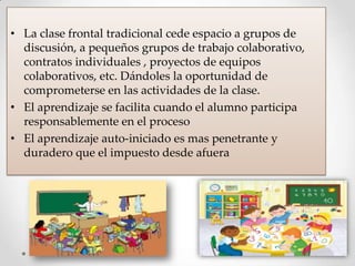 • La clase frontal tradicional cede espacio a grupos de
discusión, a pequeños grupos de trabajo colaborativo,
contratos individuales , proyectos de equipos
colaborativos, etc. Dándoles la oportunidad de
comprometerse en las actividades de la clase.
• El aprendizaje se facilita cuando el alumno participa
responsablemente en el proceso
• El aprendizaje auto-iniciado es mas penetrante y
duradero que el impuesto desde afuera

 