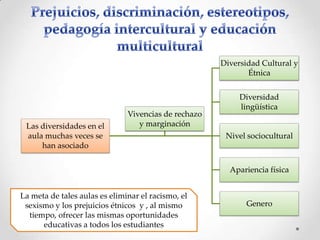 Diversidad Cultural y
Étnica

Las diversidades en el
aula muchas veces se
han asociado

Vivencias de rechazo
y marginación

Diversidad
lingüística

Nivel sociocultural

Apariencia física
La meta de tales aulas es eliminar el racismo, el
sexismo y los prejuicios étnicos y , al mismo
tiempo, ofrecer las mismas oportunidades
educativas a todos los estudiantes

Genero

 