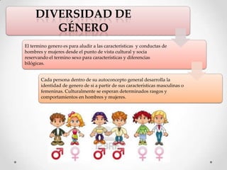 DIVERSIDAD DE
GÉNERO
El termino genero es para aludir a las características y conductas de
hombres y mujeres desde el punto de vista cultural y socia
reservando el termino sexo para características y diferencias
bilógicas.
Cada persona dentro de su autoconcepto general desarrolla la
identidad de genero de si a partir de sus características masculinas o
femeninas. Culturalmente se esperan determinados rasgos y
comportamientos en hombres y mujeres.

 