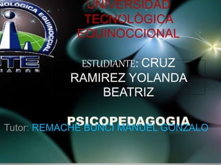 UNIVERSIDAD
TECNOLÒGICA
EQUINOCCIONAL
ESTUDIANTE: CRUZ
RAMIREZ YOLANDA
BEATRIZ
PSICOPEDAGOGIATutor: REMACHE BUNCI MANUEL GONZALO
 