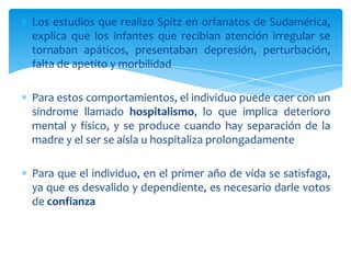 Los estudios que realizo Spitz en orfanatos de Sudamérica,
explica que los infantes que recibían atención irregular se
tornaban apáticos, presentaban depresión, perturbación,
falta de apetito y morbilidad

Para estos comportamientos, el individuo puede caer con un
síndrome llamado hospitalismo, lo que implica deterioro
mental y físico, y se produce cuando hay separación de la
madre y el ser se aísla u hospitaliza prolongadamente

Para que el individuo, en el primer año de vida se satisfaga,
ya que es desvalido y dependiente, es necesario darle votos
de confianza
 