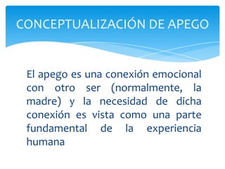 CONCEPTUALIZACIÓN DE APEGO


 El apego es una conexión emocional
 con otro ser (normalmente, la
 madre) y la necesidad de dicha
 conexión es vista como una parte
 fundamental de la experiencia
 humana
 