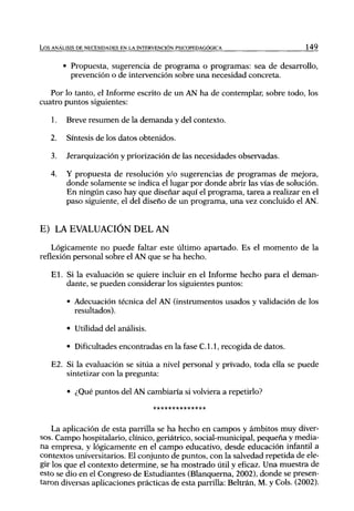 L o s ANÁLISIS DE NECESIDADES EN LA INTERVENCIÓN PSICOPEDAGÓGICA               149


         • Propuesta, sugerencia de programa o programas: sea de desarrollo,
           prevención o de intervención sobre una necesidad concreta.

   Por lo tanto, el Informe escrito de u n AN ha de contemplar, sobre todo, los
cuatro puntos siguientes:

    1.   Breve resumen de la demanda y del contexto.

   2.    Síntesis de los datos obtenidos.

    3.   Jerarquización y priorización de las necesidades observadas.

   4.    Y propuesta de resolución y/o sugerencias de programas de mejora,
         donde solamente se indica el lugar por donde abrir las vías de solución.
         En ningún caso hay que diseñar aquí el programa, tarea a realizar en el
         paso siguiente, el del diseño de un programa, una vez concluido el AN.


E) LA EVALUACIÓN DEL AN
    Lógicamente no puede faltar este último apairtado. Es el momento de la
reflexión personal sobre el AN que se ha hecho.

    E l . Si la evaluación se quiere incluir en el Informe hecho para el deman-
          dante, se pueden considerar los siguientes puntos:

         • Adecuación técnica del AN (instrumentos usados y validación de los
           resultados).

         • Utilidad del análisis.

         • Dificultades encontradas en la fase C. 1.1, recogida de datos.

    E2. Si la evaluación se sitúa a nivel personal y privado, toda ella se puede
        sintetizar con la pregunta:

          • ¿Qué puntos del AN cambiaría si volviera a repetirlo?



    La aplicación de esta parrilla se ha hecho en campos y ámbitos muy diver-
sos. Campo hospitalario, clínico, geriátrico, social-municipal, pequeña y media-
na empresa, y lógicamente en el campo educativo, desde educación infantil a
contextos universitarios. El conjunto de puntos, con la salvedad repetida de ele-
gir los que el contexto determine, se ha mostrado útil y eficaz. Una muestra de
esto se dio en el Congreso de Estudiantes (Blanquema, 2002), donde se presen-
taron diversas aplicaciones prácticas de esta parrilla: Beltrán, M. y Cois. (2002).
 