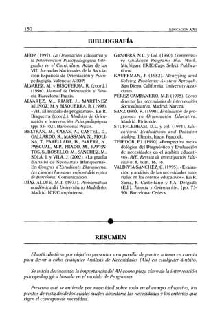 150                                                                        EDUCACIÓN XX I



                                 BIBLIOGRAFÍA

AEOP (1997). La Orientación Educativa y       GYSBERS, N.C. y Col. (1990). Comprensi-
   la Intervención Psicopedagógica Inte-         ve Guidance Programs that Work.
   gradas en el Curriculum. Actas de las         Michigan: ERIC/Caps Select Publica-
   VIH Jomadas Nacionales de la Asocia-          tions.
   ción Española de Orientación y Psico-      KAUFFMAN, J. (1982). Identyfing amd
   pedagogía. Valencia: AEOP.                    Solving Problems: Asistem        Aproach.
ÁLVAREZ, M. y BISQUERRA, R. (coord.)             San Diego. California: University Asso-
   (1996). Manual de Orientación y Tuto-         ciates.
   ría. Barcelona: Praxis.                    PÉREZ CAMPANERO, M.R (1995). Cómo
ÁLVAREZ, M., RIART, J., MARTÍNEZ                detectar las necesidades de intervención
   MUÑOZ, M. y BISQUERRA, R. (1998).             Socioeducativa. Madrid: Narcea.
   «VIL El modelo de programas». En R.        SANZ ORÓ, R. (1990). Evaluación de pro-
   Bisquerra (coord.). Modelos de Orien-        gramas en Orientación           Educativa.
   tación e intervención   Psicopedagógica       Madrid: Pirámide.
   (pp. 85-102). Barcelona: Praxis.           STUFFLEBEAM, D.L. y col. (1971). Edu-
BELTRÁN, M., CASAS, A., CASTEL, D.,              cational Evaluations      and    Decisión
   GALLARDO, R., MASSANA, N., MOLI-              Making. Illinois, Itaca: Peacock.
   NA, T, PARELLADA, B., PARERA, N.,          TEJEDOR, FJ. (1990). «Perspectiva meto-
   PASCUAL, M R , PRADO, M., RAVEN-              dológica del Diagnóstico y Evaluación
   TÓS, S., ROSELLÓ, M., SÁNCHEZ, M.,            de necesidades en el ámbito educati-
   SOLA, I. y VILA, J. (2002). «La graella       vo», RÍE. Revista de Investigación Edu-
   d'Análisi de Necessitats Blanquema».          cativa, 8, núm. 16, 16.
   En Congrés d'Estudiants      Blanquema.    VALDIVIA SÁNCHEZ, C. (1995). «Evalua-
   Les ciéncies humanes enfront deis reptes      ción y análisis de las necesidades tuto-
   de Barcelona: Comunicación.                   riales en los centros educativos». En R.
DÍAZ ALLUE, M.T. (1973). Problemática            Sanz, F. Castellano y J.A. Delgado
   académica del Universitario Madrileño.        (Ed.). Tutoría y Orientación, (pp. 73-
   Madrid: ICE/Complutense.                      90). Barcelona: Cedecs.




                                    RESUMEN

    El artículo tiene por objetivo presentar una parrilla de puntos a tener en cuenta
para llevar a cabo cualquier Análisis de Necesidades      (AN) en cualquier    ámbito.

    Se inicia destacando la importancia del AN como pieza clave de la         intervención
psicopedagógica    basada en el modelo de Programas.

    Presenta qué se entiende por necesidad sobre todo en el campo educativo,           los
puntos de vista desde los cuales suelen abordarse las necesidades y los criterios     que
rigen el concepto de necesidad.
 