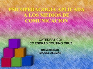 PSICOPEDAGOGIA APLICADA A LOS MEDIOS DE COMUNICACION CATEDRATICO: LCC ESDRAS COUTIÑO CRUZ. UNIVERSIDAD  MIGUEL ALEMÁN 