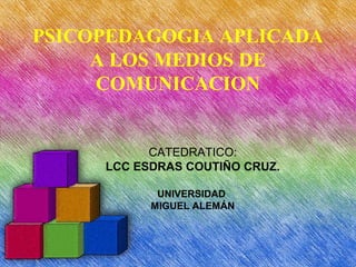 PSICOPEDAGOGIA APLICADA
A LOS MEDIOS DE
COMUNICACION
CATEDRATICO:
LCC ESDRAS COUTIÑO CRUZ.
UNIVERSIDAD
MIGUEL ALEMÁN
 