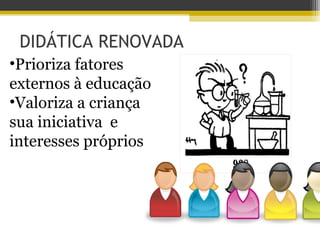 DIDÁTICA RENOVADA
•Prioriza fatores
externos à educação
•Valoriza a criança
sua iniciativa e
interesses próprios
 