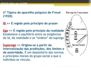 Principais Teorias do Desenvolvimento Humano - AULA 2
PSICOLOGIA NA SAÚDE
2ª Tópica do aparelho psíquico de Freud
(1920)
ID => É regido pelo princípio do prazer
Ego => É regido pelo princípio da realidade
Estabelece o equilíbrio entre as exigências
do id, da realidade e as “ordens” do suprego.
Superego => Origina-se a partir da
internalização das proibições, dos limites e
da autoridade. É um depositário das normas
e princípios morais do grupo social a que o
indivíduo se vincula.
 