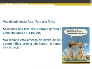 Principais Teorias do Desenvolvimento Humano - AULA 2
PSICOLOGIA NA SAÚDE
Modalidade desta fase: Fantasia fálica.
A menina não tem pênis porque perdeu e
o menino pode vir a perder.
No menino esta ameaça de perda de seu
objeto fálico origina um temor: o temor
de castração.
 
 
