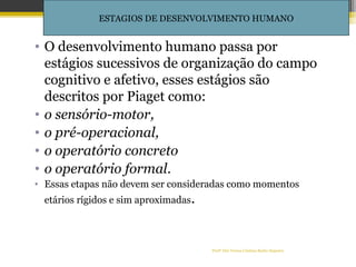 • O desenvolvimento humano passa por
estágios sucessivos de organização do campo
cognitivo e afetivo, esses estágios são
descritos por Piaget como:
• o sensório-motor,
• o pré-operacional,
• o operatório concreto
• o operatório formal.
• Essas etapas não devem ser consideradas como momentos
etários rígidos e sim aproximadas.
Profª Dra Teresa Cristina Barbo Siqueira
53
ESTAGIOS DE DESENVOLVIMENTO HUMANO
 