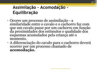Profª Dra Teresa Cristina Barbo Siqueira
Assimilação – Acomodação -
Equilibração
• Ocorre um processo de assimilação - a
similaridade entre o cavalo e o cachorro faz com
que um cavalo passe por um cachorro em função
da proximidades dos estímulos e qualidade dos
esquemas acumulados pela criança até o
momento.
• A diferenciação do cavalo para o cachorro deverá
ocorrer por um processo chamado de
acomodação.
57
 