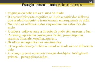 Profª Dra Teresa Cristina Barbo Siqueira
▫ Cognição do bebê até os 2 anos de idade
▫ O desenvolvimento cognitivo se inicia a partir dos reflexos
que gradativamente se transformam em esquemas de ação.
▫ No início os reflexos inatos respondem aos estímulos do
meio.
▫ A cabeça volta-se para a direção de onde vêm os sons, a luz.
▫ A criança apresenta contrações faciais, puxa empurra,
apanha, distende, espalha, aperta...
▫ Os olhos acompanham os movimentos.
▫ O corpo da criança reflete o mundo e ainda não se diferencia
dele.
▫ A criança precisa construir a noção de objeto. Inteligência
prática – percepções e ações.
Estágio sensório-motor de 0 a 2 anos
65
 