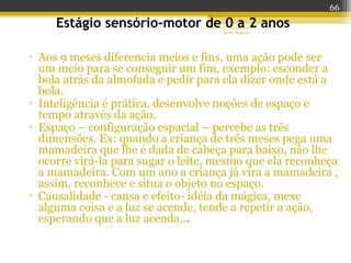 Profª Dra Teresa Cristina
Barbo Siqueira
Estágio sensório-motor de 0 a 2 anos
▫ Aos 9 meses diferencia meios e fins, uma ação pode ser
um meio para se conseguir um fim, exemplo: esconder a
bola atrás da almofada e pedir para ela dizer onde está a
bola.
▫ Inteligência é prática, desenvolve noções de espaço e
tempo através da ação.
▫ Espaço – configuração espacial – percebe as três
dimensões. Ex: quando a criança de três meses pega uma
mamadeira que lhe é dada de cabeça para baixo, não lhe
ocorre virá-la para sugar o leite, mesmo que ela reconheça
a mamadeira. Com um ano a criança já vira a mamadeira ,
assim, reconhece e situa o objeto no espaço.
▫ Causalidade - causa e efeito- idéia da mágica, mexe
alguma coisa e a luz se acende, tende a repetir a ação,
esperando que a luz acenda...
66
 