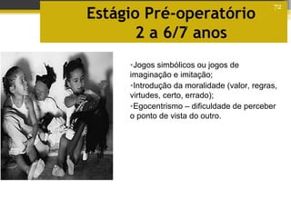 Estágio Pré-operatório
2 a 6/7 anos
•Jogos simbólicos ou jogos de
imaginação e imitação;
•Introdução da moralidade (valor, regras,
virtudes, certo, errado);
•Egocentrismo – dificuldade de perceber
o ponto de vista do outro.
Profª Dra Teresa Cristina
Barbo Siqueira
72
 