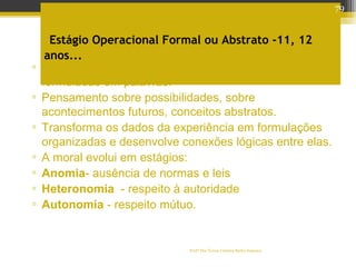 Profª Dra Teresa Cristina Barbo Siqueira
Estágio Operacional Formal ou Abstrato -11, 12
anos...
▫ Operações mentais aplicadas a objetos → hipóteses
formuladas em palavras.
▫ Pensamento sobre possibilidades, sobre
acontecimentos futuros, conceitos abstratos.
▫ Transforma os dados da experiência em formulações
organizadas e desenvolve conexões lógicas entre elas.
▫ A moral evolui em estágios:
▫ Anomia- ausência de normas e leis
▫ Heteronomia - respeito à autoridade
▫ Autonomia - respeito mútuo.
79
 