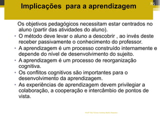 Profª Dra Teresa Cristina Barbo Siqueira
Implicações para a aprendizagem
Os objetivos pedagógicos necessitam estar centrados no
aluno (partir das atividades do aluno).
• O método deve levar o aluno a descobrir , ao invés deste
receber passivamente o conhecimento do professor.
• A aprendizagem é um processo construído internamente e
depende do nível de desenvolvimento do sujeito.
• A aprendizagem é um processo de reorganização
cognitiva.
• Os conflitos cognitivos são importantes para o
desenvolvimento da aprendizagem.
• As experiências de aprendizagem devem privilegiar a
colaboração, a cooperação e intercâmbio de pontos de
vista.
85
 